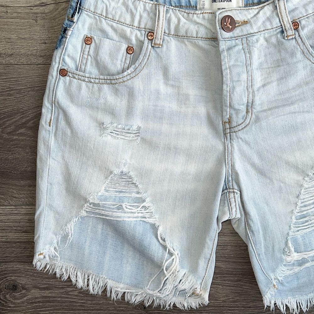 ONE TEASPOON Stevies Shorts Size 25 Long Length Light Blue Distressed Retro 90s - Picture 4 of 12